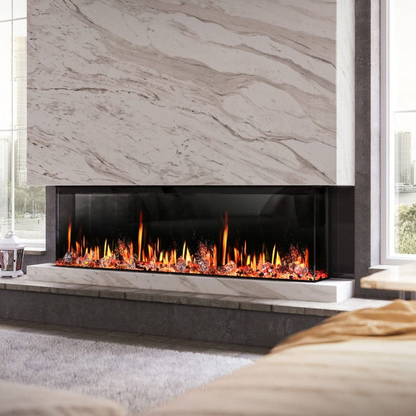 Litedeer Homes' Warmcastle 3-Sided Electric Fireplace is recessed, providing three views besides the windows in the living room.