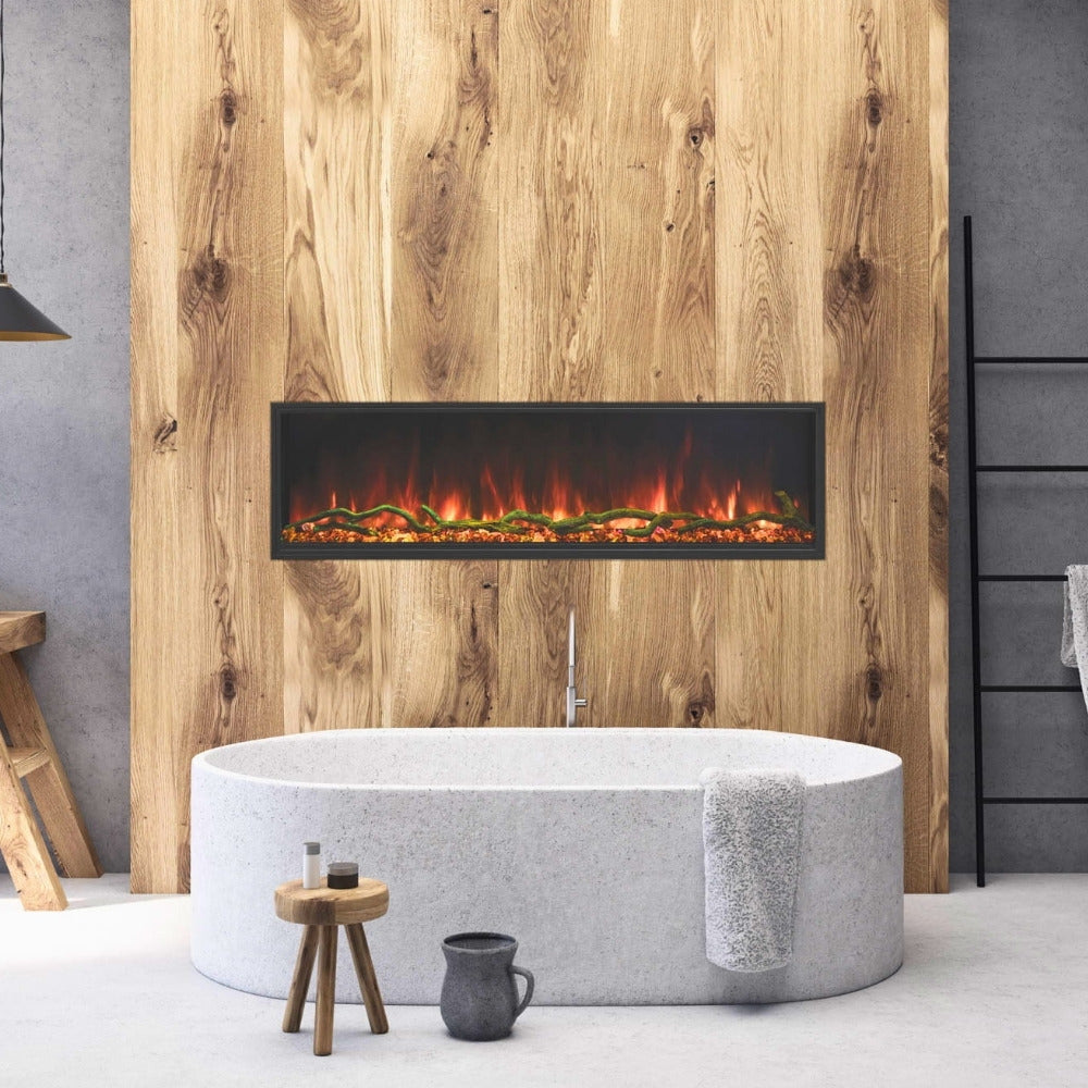 Modern Flames Landscape Pro Slim Electric Fireplace in a Modern Bathroom Above a Freestanding Tub