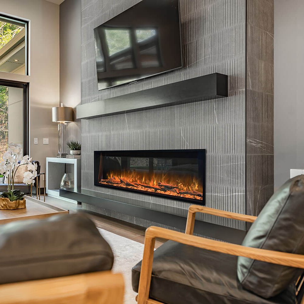 Modern Flames Landscape Pro Slim LPS-56 Electric Fireplace in a Living Room Beneath a Wall-Mounted TV