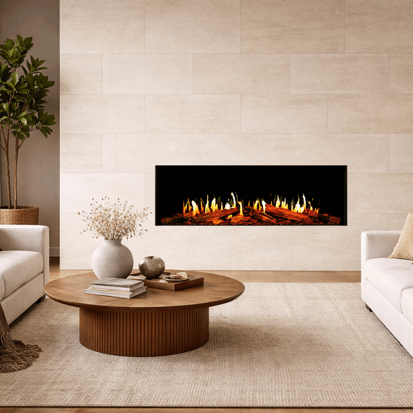 Modern Flames Orion Multi V2 recessed flush into a stone tile wall in a living room