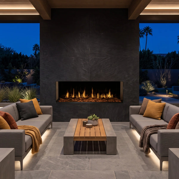 Modern Flames Orion Multi V2 built into a stone wall on a covered outdoor patio
