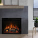 Modern Flames Redstone 36 Electric Fireplace with brown mantel in a sleek living room