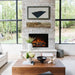 modern flames redstone with rustic wood mantel in modern living space