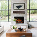 modern flames redstone with dark brown rustic wood mantel in modern living space