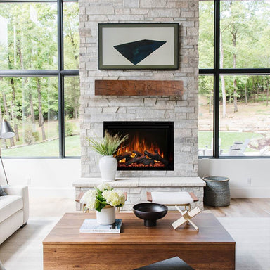modern flames redstone with brown rustic wood mantel in modern living space