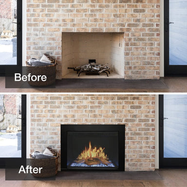 Modern Flames Surround for Orion Traditional Electric Fireplace before and after
