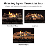 Mountain Oak, Mezmer and Mezmer Split log set options for the Monessen Lumonessen burner