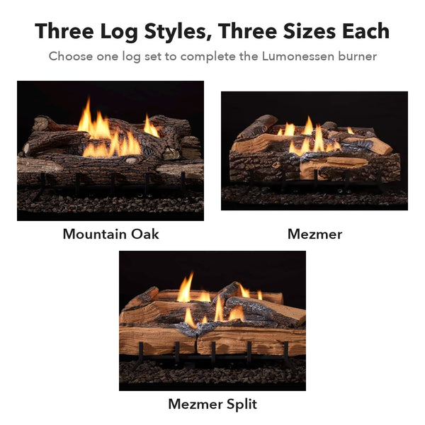 Mountain Oak, Mezmer and Mezmer Split log set options for the Monessen Lumonessen burner