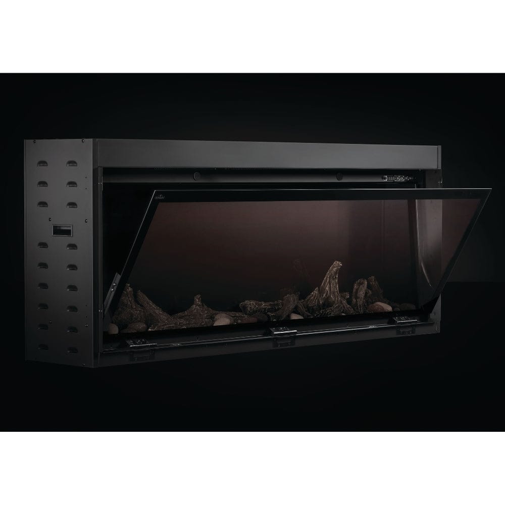 napoleon astound 62" electric fireplace with driftwood logs and front glass slightly open