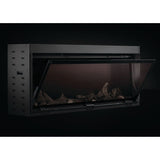 napoleon astound 62" electric fireplace with driftwood logs and front glass slightly open