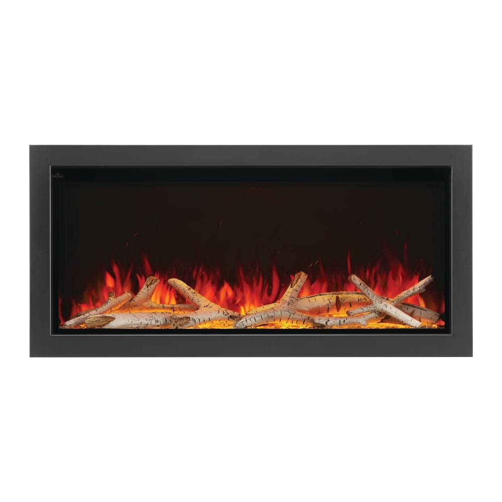 napoleon astound 50" electric fireplace with birch logs and yellow top and ember bed lights
