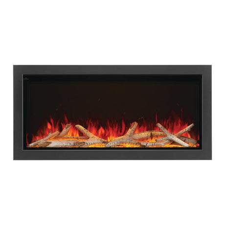 napoleon astound 50" electric fireplace with birch logs and yellow top and ember bed lights