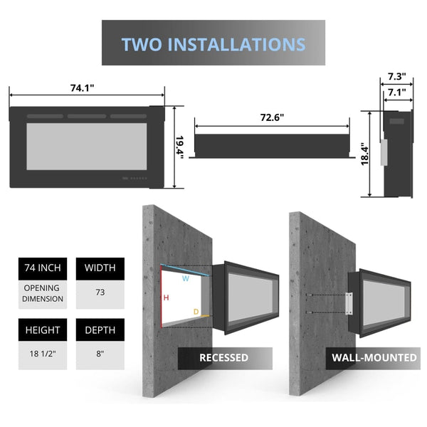 Nexfire 74-Inch Linear Built-in/Wall Mounted Electric Fireplace Specs