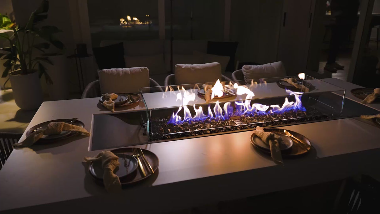 EcoSmart Fire Gin 90 Dining Height Rectangular Fire Pit Table at Outdoor Night Dining Video
