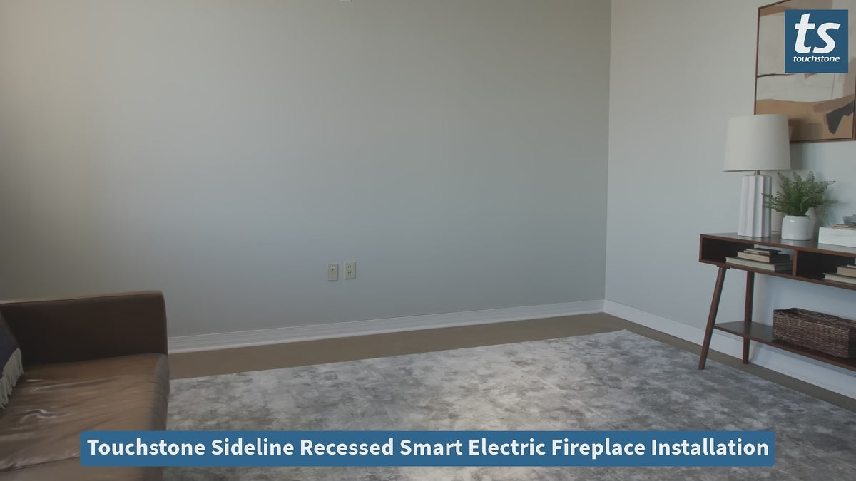 Touchstone Sideline recessed smart electric fireplace installation, framing the wall opening and fitting the fireplace