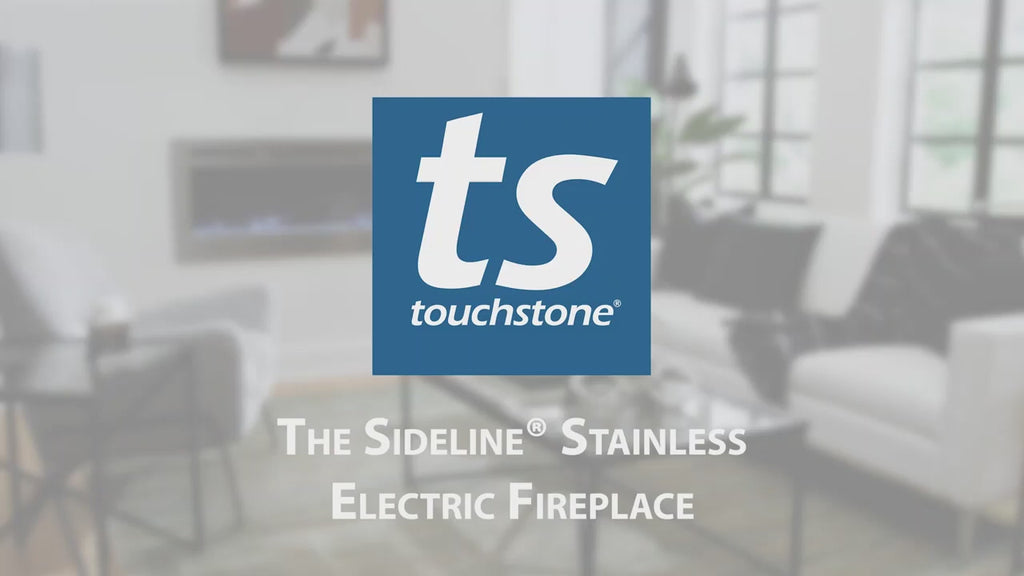 Touchstone Sideline Recessed Stainless Steel Electric Fireplace in a Modern Living Room