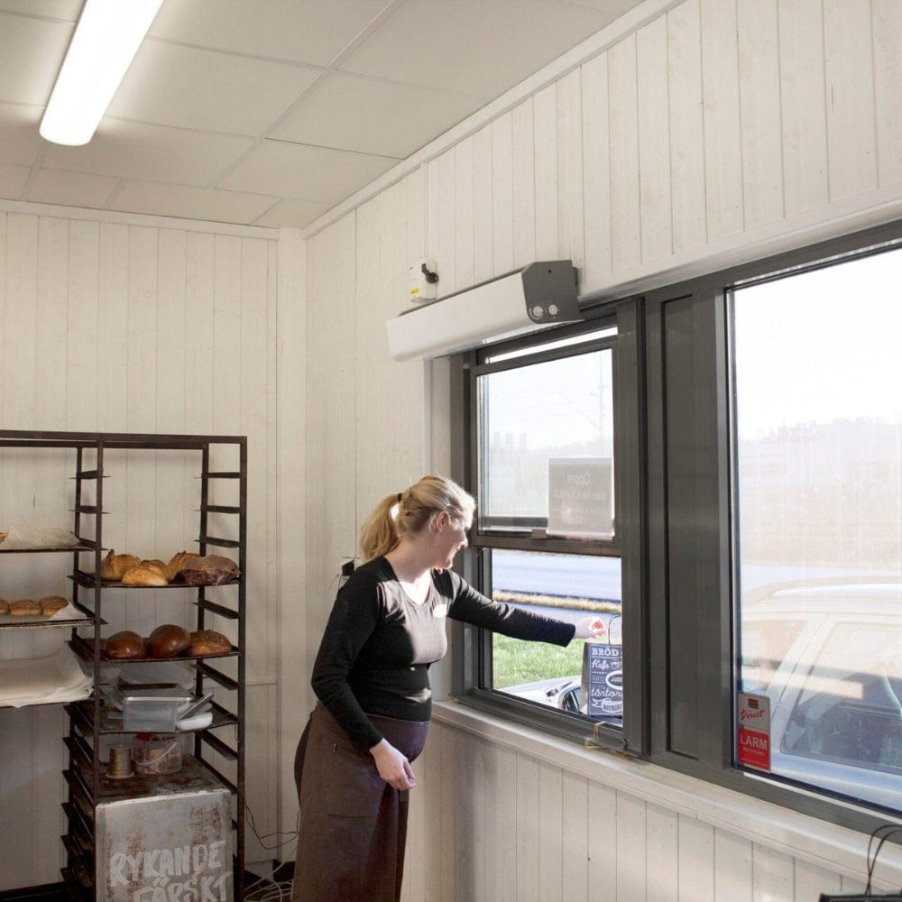 Schwank Swift5 32-Inch Wall-Mounted Air Curtain at a drive thru