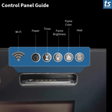 Touchstone Sideline 60 control panel guide labeling the WiFi, power, timer, flame brightness, flame color and heat buttons