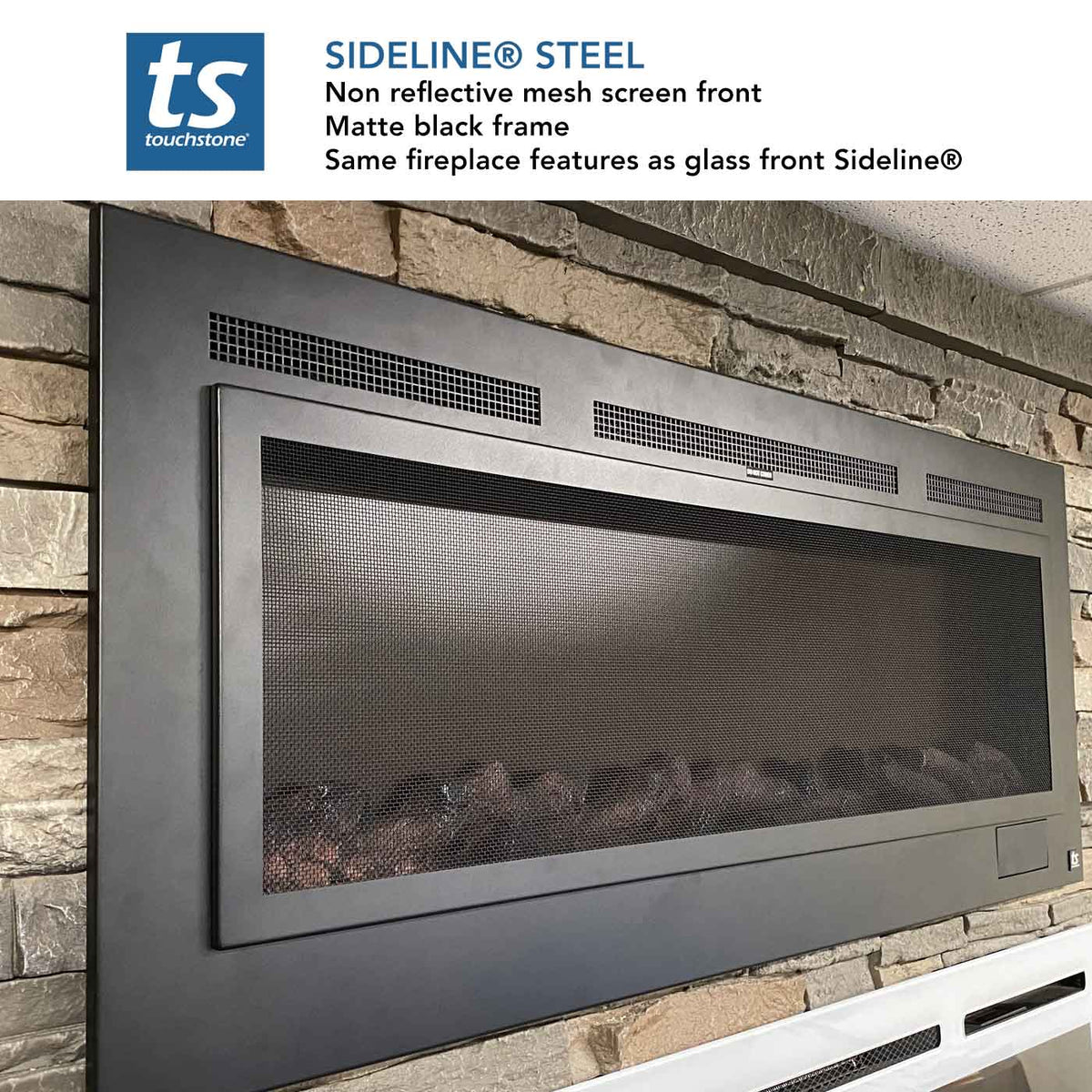 Close view of the Touchstone Forte Steel 40-Inch flame and ember bed