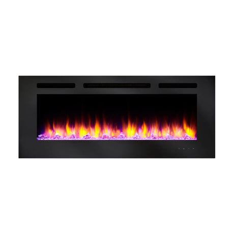 simplifire allusion 48-inch electric fireplace with multicolor flames and pink ember lights