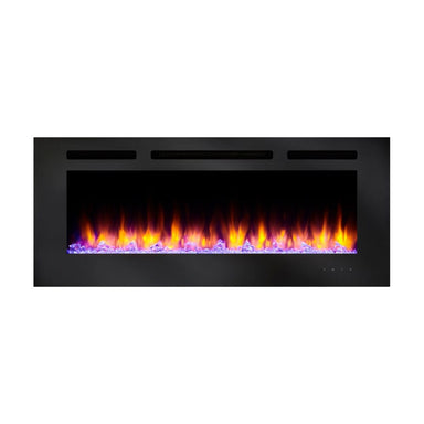 simplifire allusion 48-inch electric fireplace with orange flames and violet ember lights