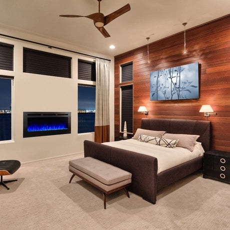 simplifire allusion 60-inch electric fireplace in a bedroom