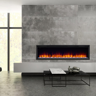 simplifire allusion platinum 72" electric fireplace recessed into a wall with modern industrial finish