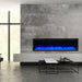 allusion platinum 72" electric fireplace with blue flames recessed into a wall with modern industrial finish