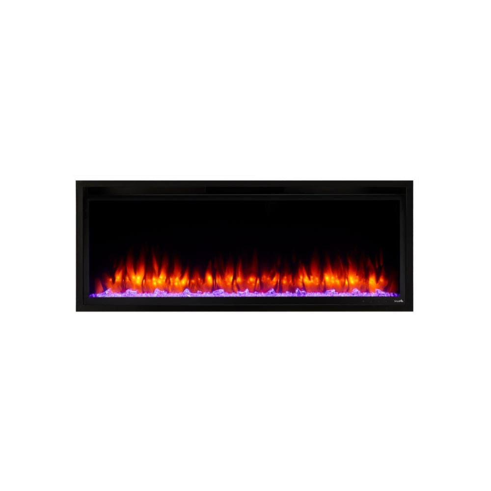 simplifire allusion platinum 50" electric fireplace with red orange flames and violet ember lights