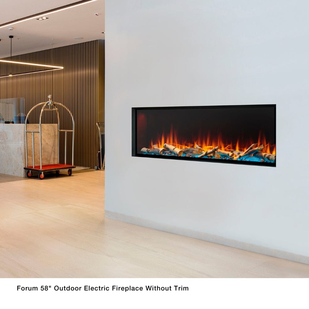 Simplifire Forum 58-Inch Outdoor Electric Fireplace without trim in a hotel lobby