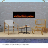 Simplifire Forum 58-Inch Outdoor Electric Fireplace recessed on a brick wall by the pool