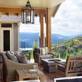 solus elevated halo square gas fire pit on a terrace with mountain view