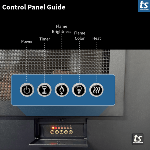Touchstone Sideline Steel control panel guide labeling the power, timer, flame, ember and heat buttons