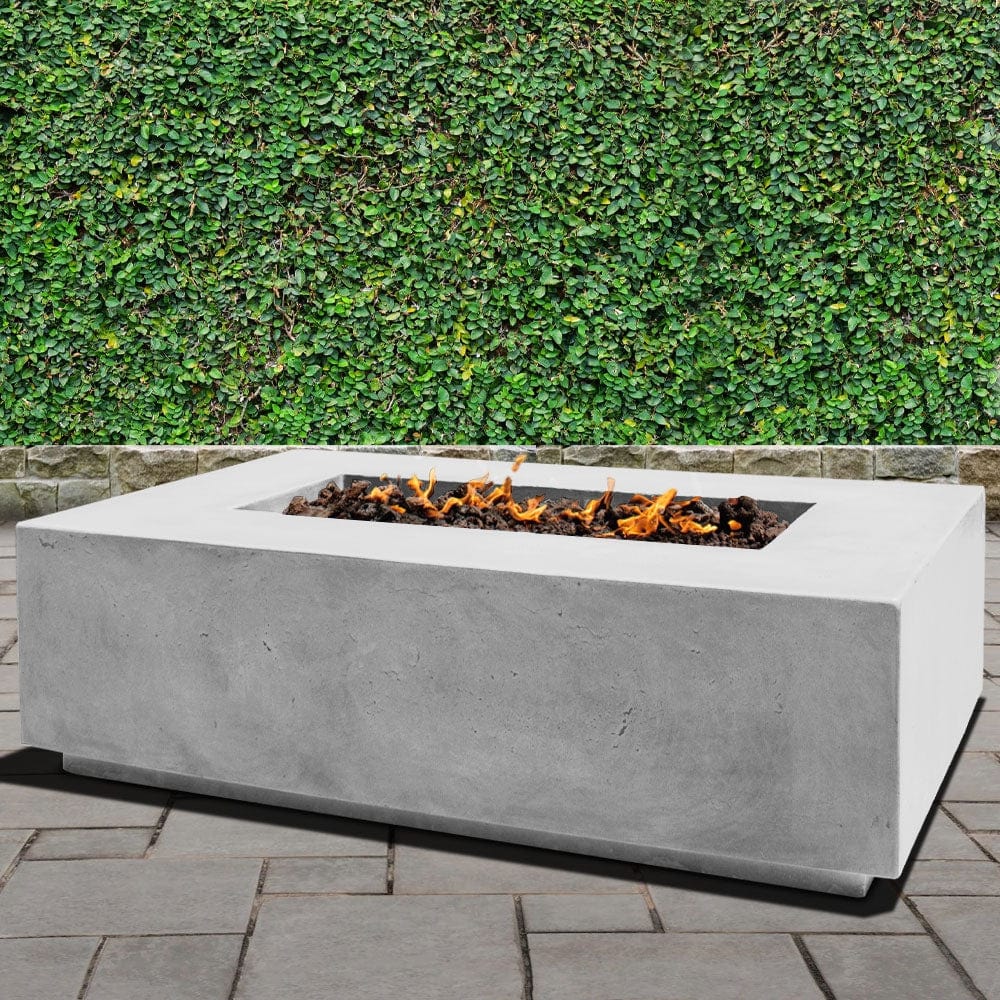 Stonelum Manhattan 01 Rectangular White Fire Pit Table in a garden