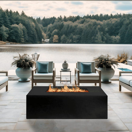 Stonelum Manhattan 04 Rectangular Black Fire Pit on a patio by the lake