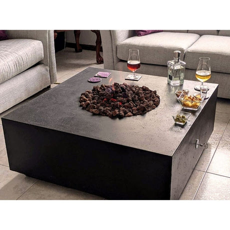 stonelum praga 1 square black gas fire pit with wine on the ledge