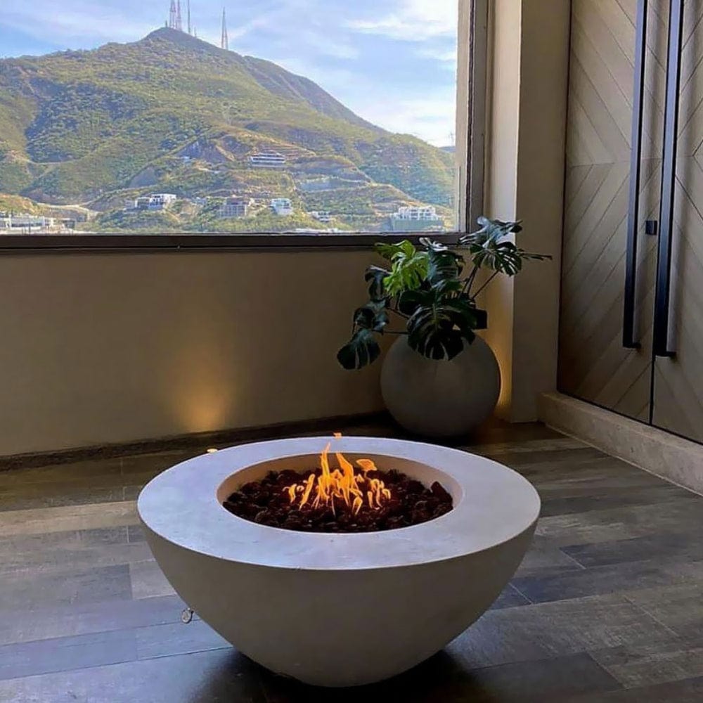 Stonelum Venecia 03 42-Inch Round White Fire Bowl at a terrace