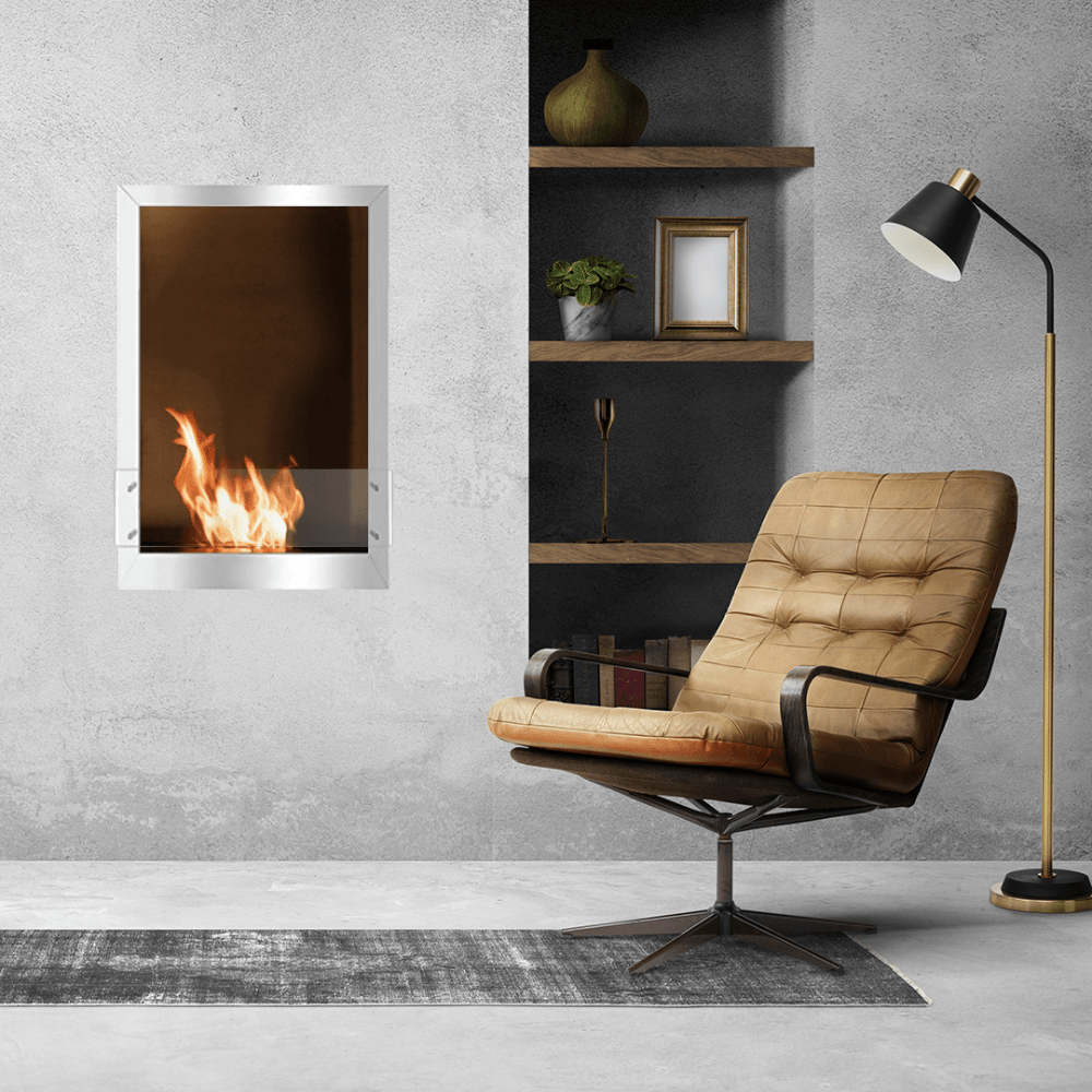 The Bio Flame 24-Inch Firebox DS Built-in Ethanol Fireplace in a sleek living room