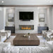 the bio flame 72-inch ethanol fireplace on a white shiplap wall