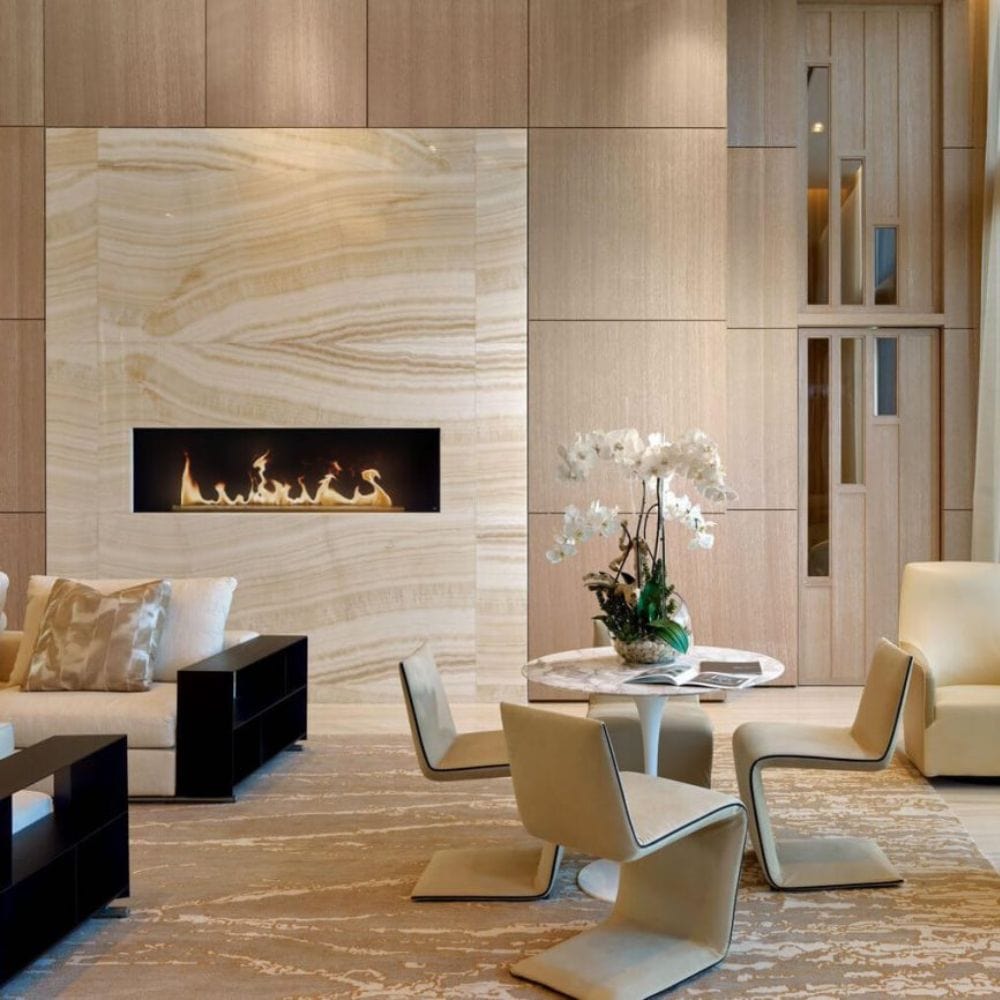the bio flame 72-inch ethanol fireplace in a hotel lobby
