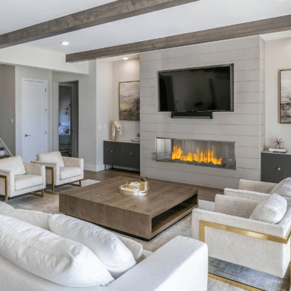 the bio flame 72-inch ethanol fireplace built into a white shiplap wall