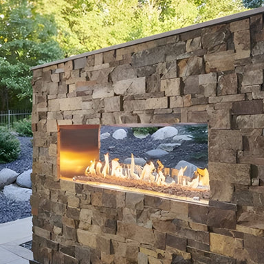 Outdoor Greatroom See-Through Gas Fireplace with bricks finishing material