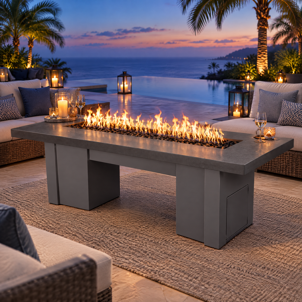 Top Fires Alameda 72-inch GFRC gas fire table with a Metallic Slate tabletop and Gray base on a luxury poolside patio at blue hour