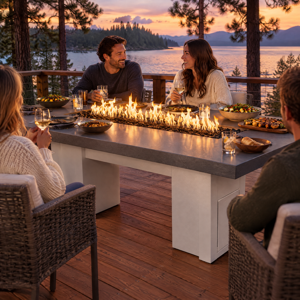 Family dinner on a lakeside deck at twilight around a Top Fires Alameda 72-inch GFRC gas fire table with a Metallic Slate tabletop and White base