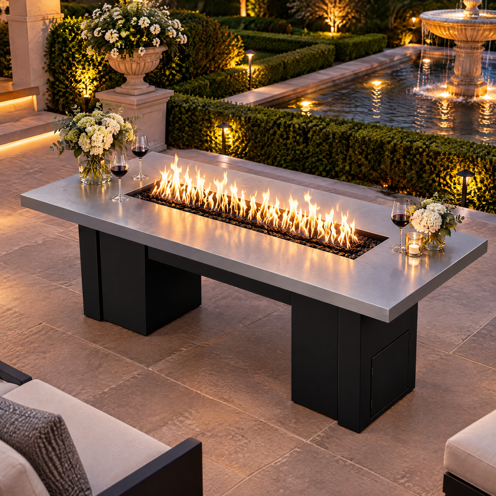 Top Fires Alameda 72-inch GFRC gas fire table with a Metallic Silver tabletop and Black base on a grand estate terrace with fountain at dusk