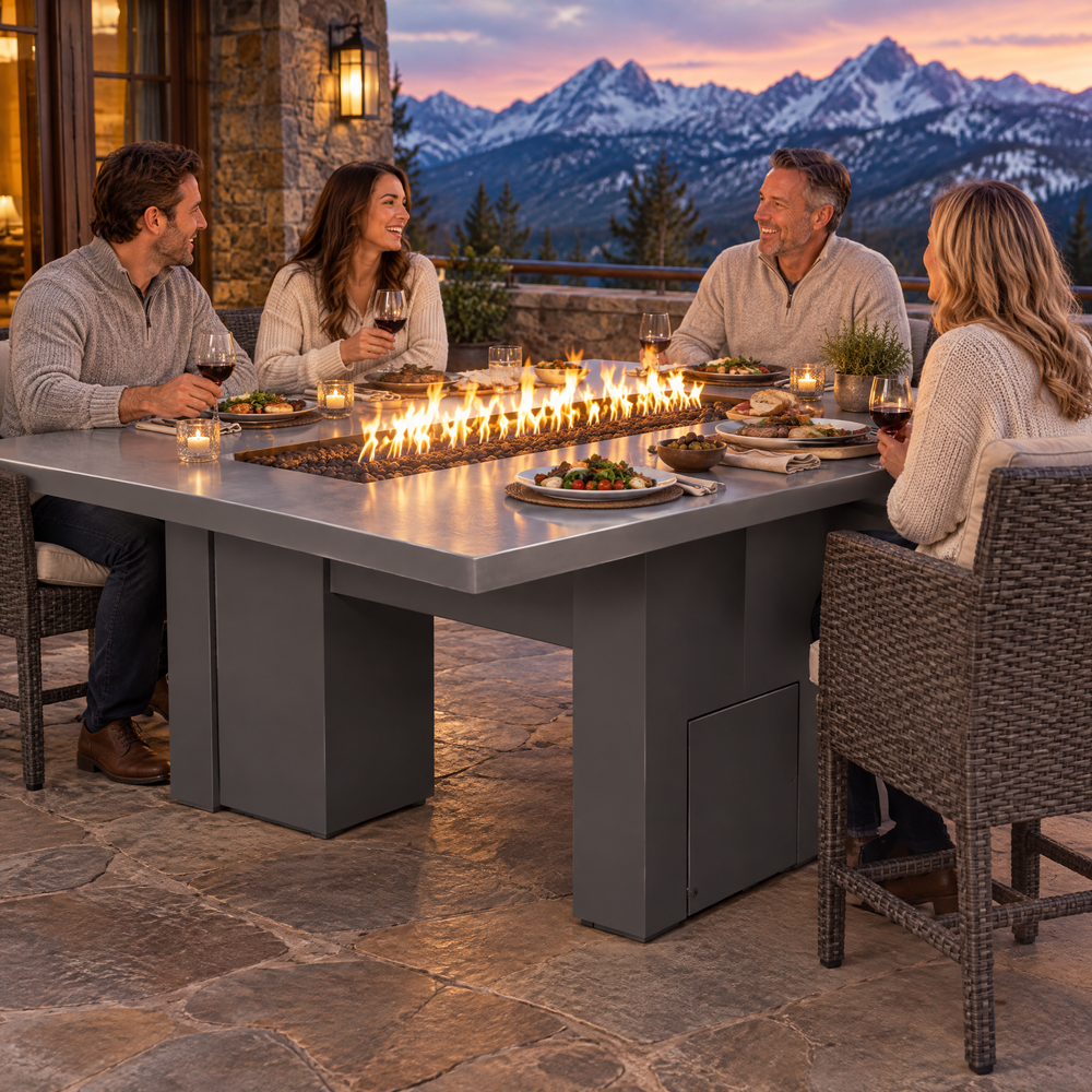 Family dinner on a mountain lodge patio at dusk around a Top Fires Alameda 72-inch GFRC gas fire table with a Metallic Silver tabletop and Gray base