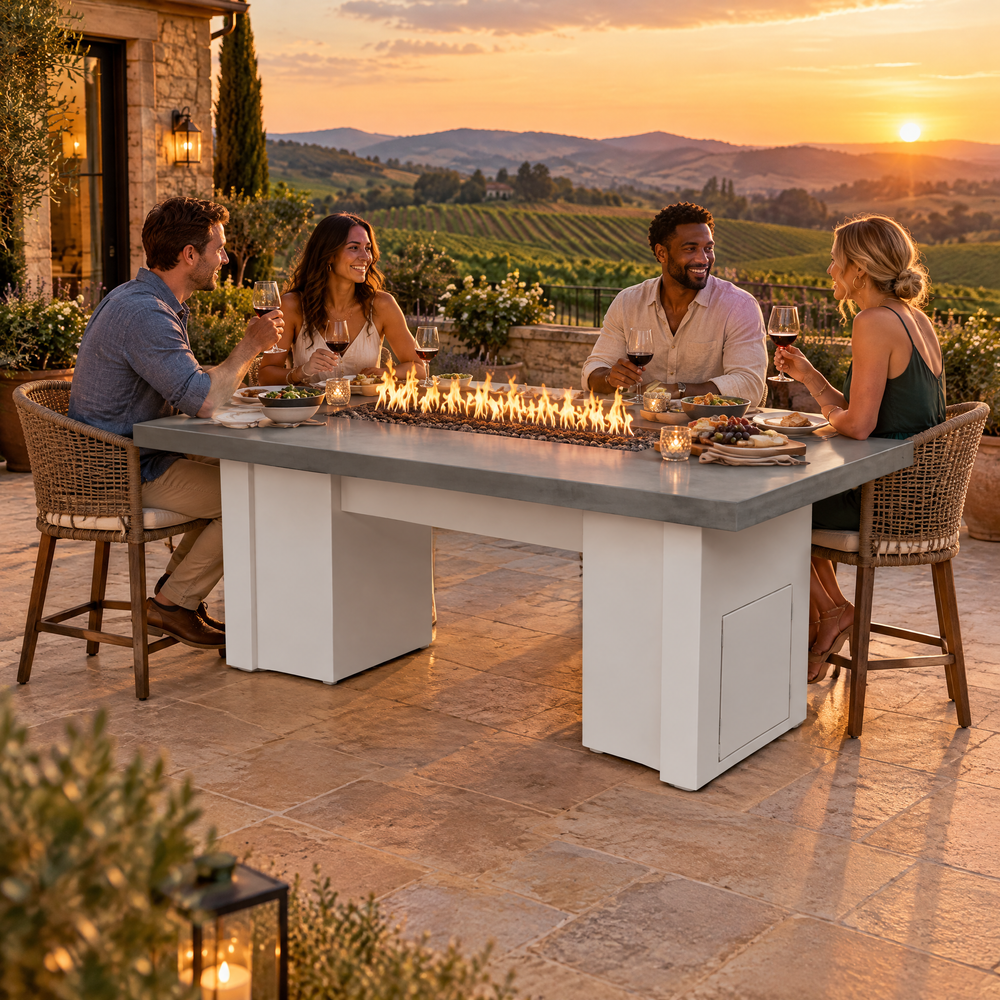Couples dining on a vineyard terrace at golden hour around a Top Fires Alameda 72-inch GFRC gas fire table with a Natural Gray tabletop and White base