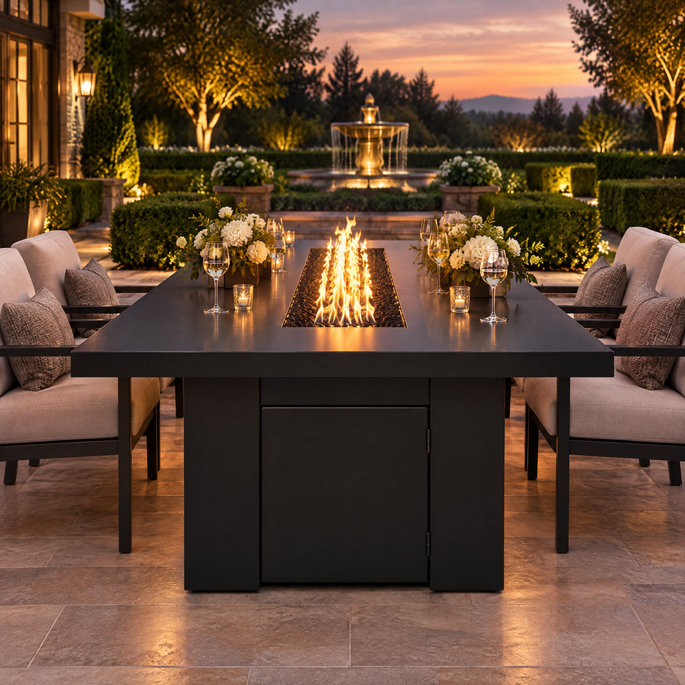 Top Fires Alameda 72-inch GFRC gas fire table with a Smooth Black tabletop and Black base on a grand estate terrace with fountain at dusk