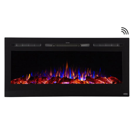 Touchstone Sideline 45-Inch smart electric fireplace, front view with Wi-Fi enabled badge