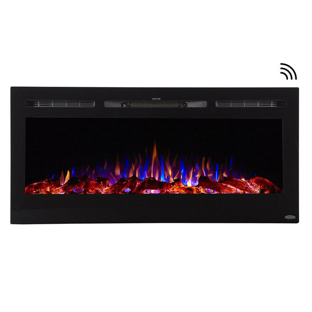 Touchstone Sideline 45-Inch smart electric fireplace, front view with Wi-Fi enabled badge